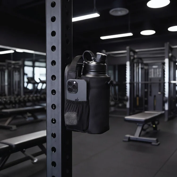 Black magnetic gym bag attached to a steel rack in a gym