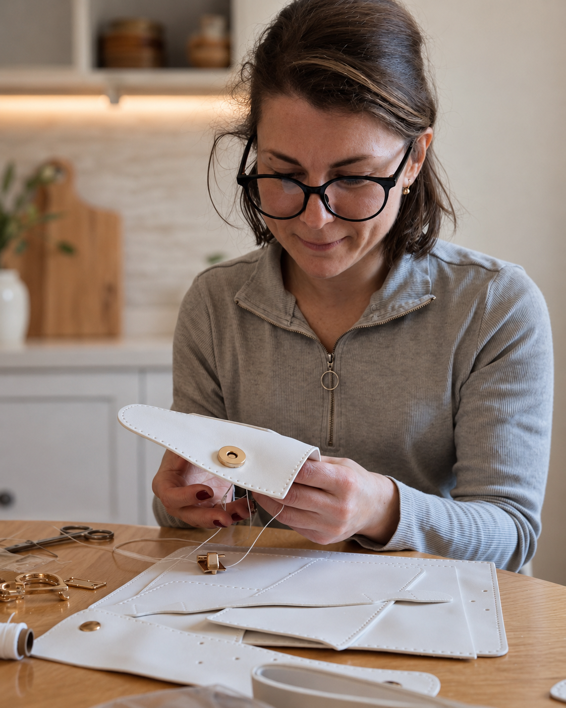 Maker assembling the white and blue Moytsa handbag by hand
