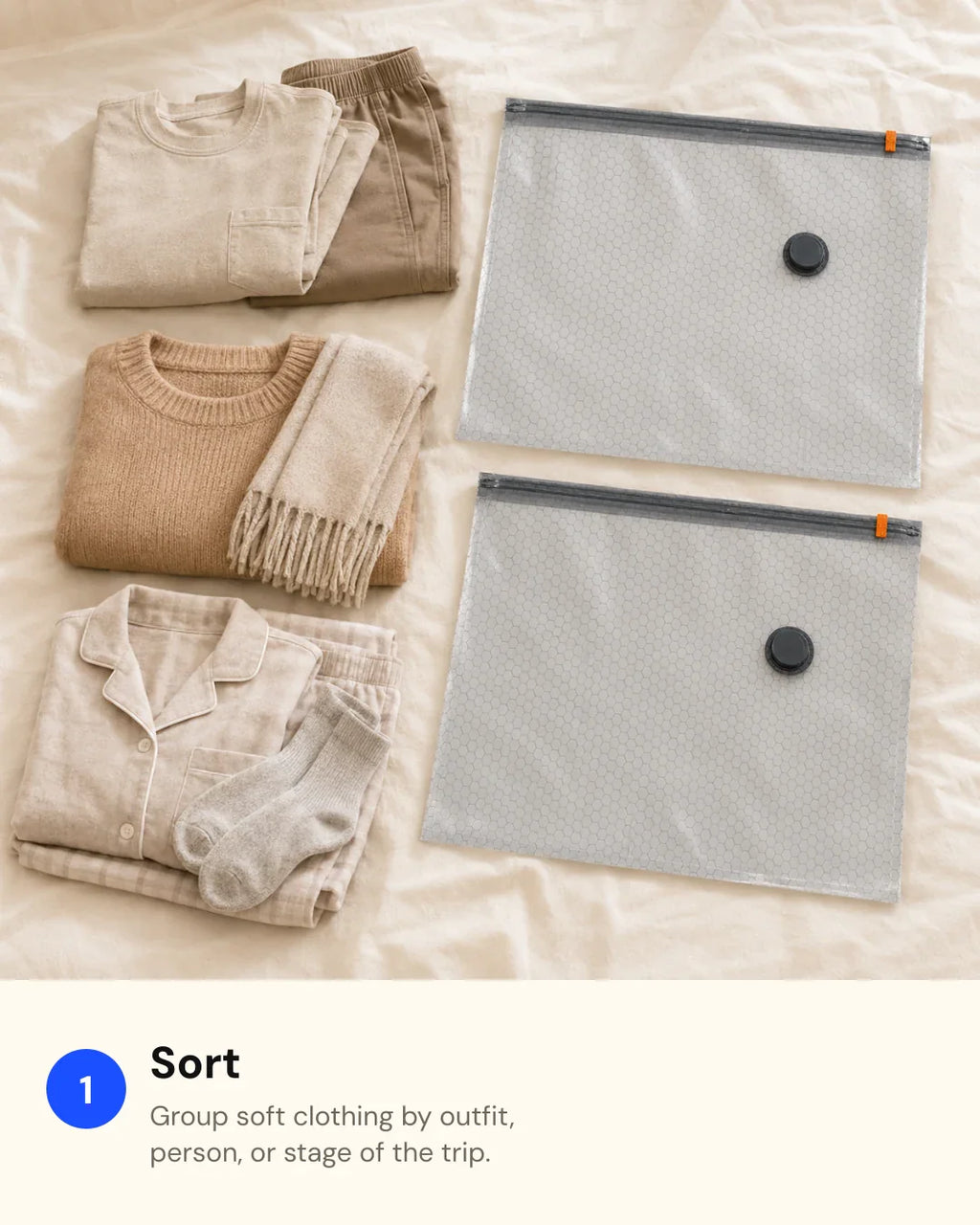 Four-step illustration of sorting clothes, filling a compression bag, connecting the SG-508 pump, and arranging filled bags in a suitcase.