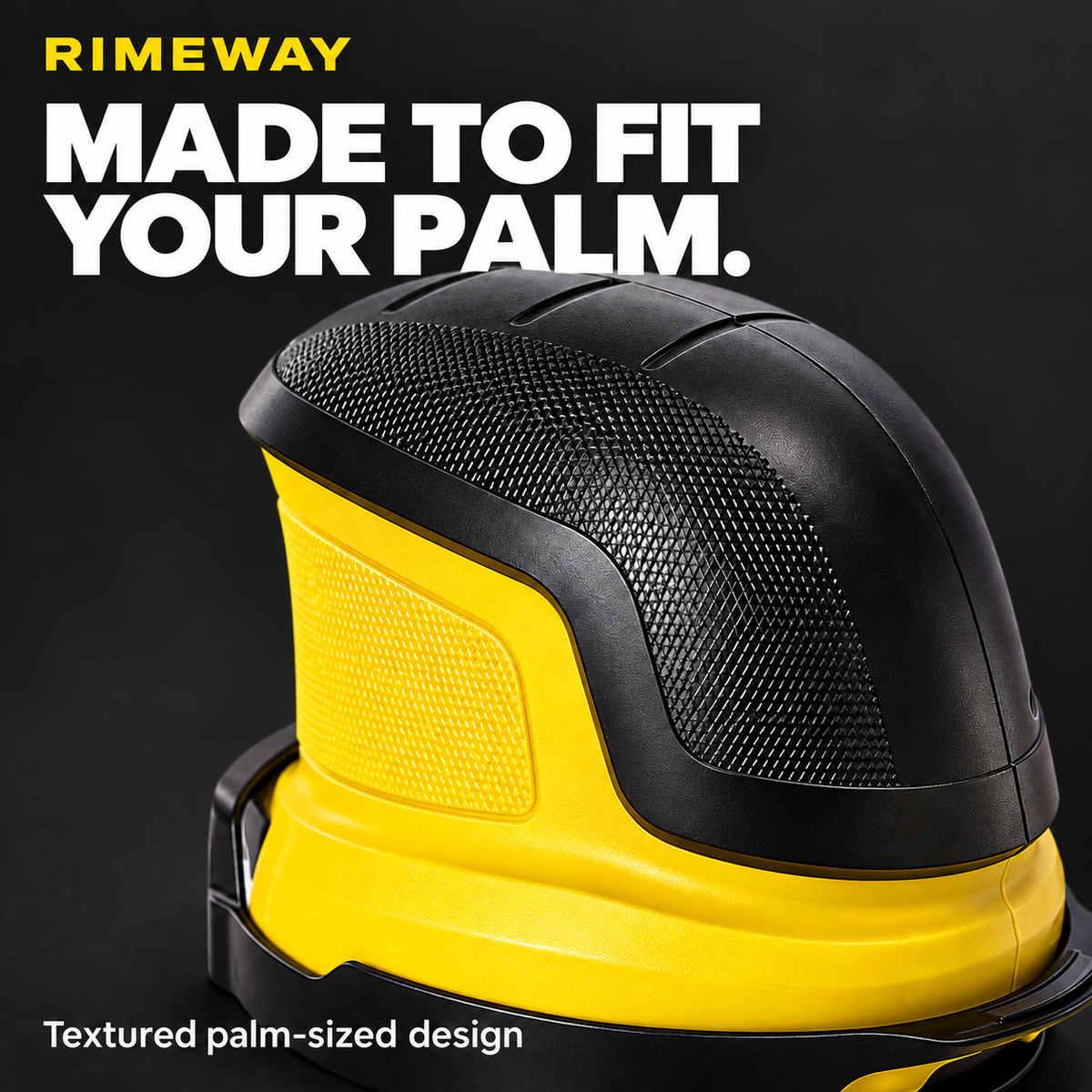 Close-up of the black textured palm grip on the yellow RIMEWAY scraper