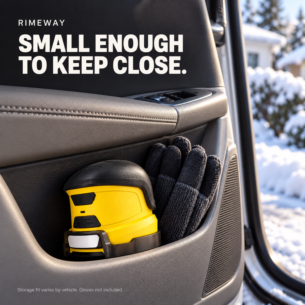 Yellow and black electric scraper stored in a car door pocket; fit varies by vehicle and gloves are not included