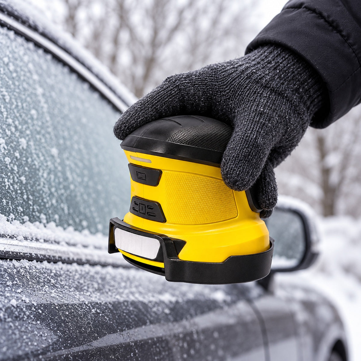 Gloved hand holding the yellow and black electric ice scraper beside a parked car