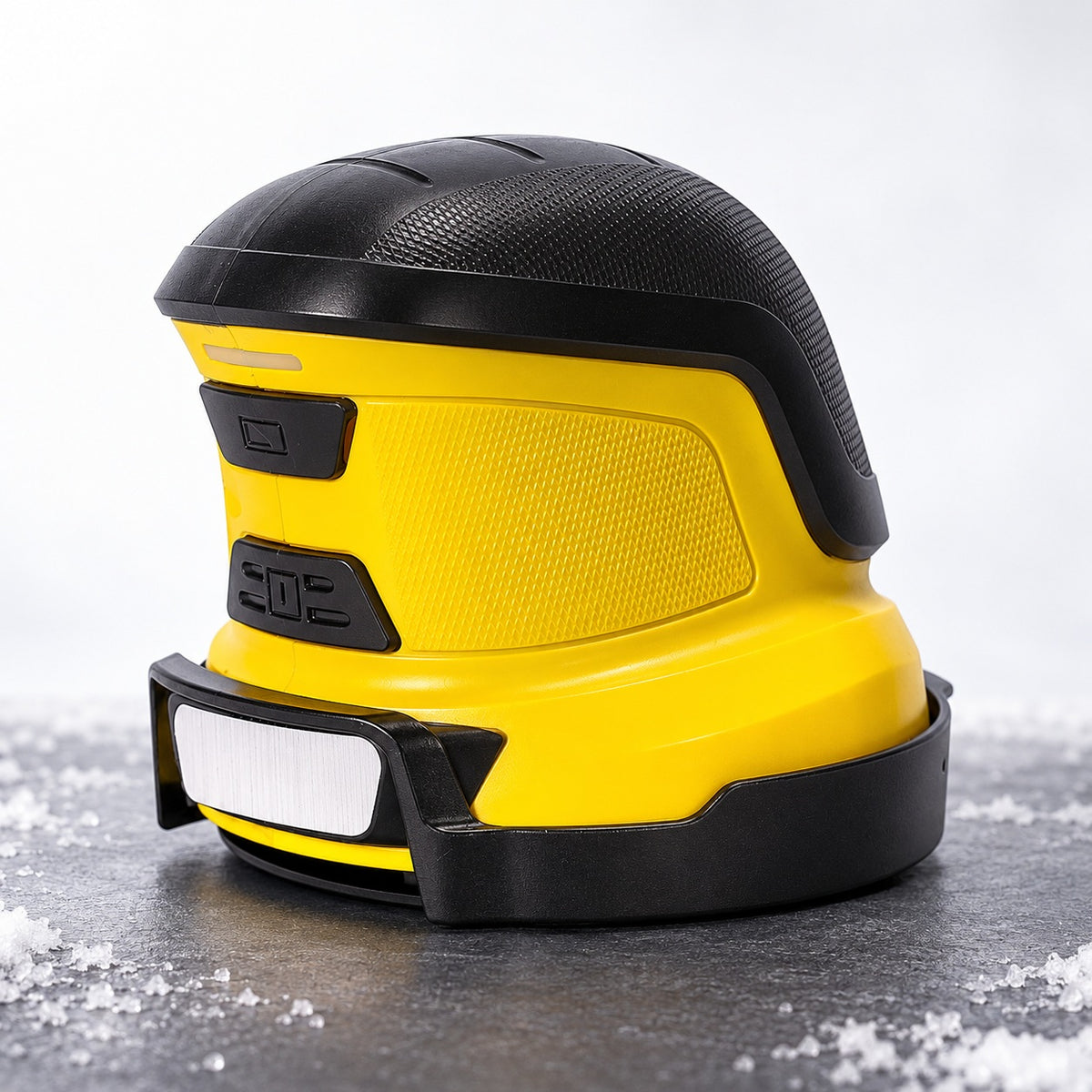 Yellow electric ice scraper with black top grip and protective cover
