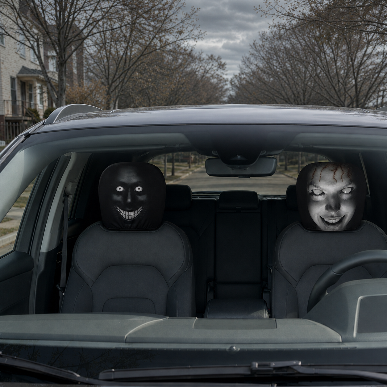 The same two Creepy Face Car Headrest Covers installed in overcast daylight