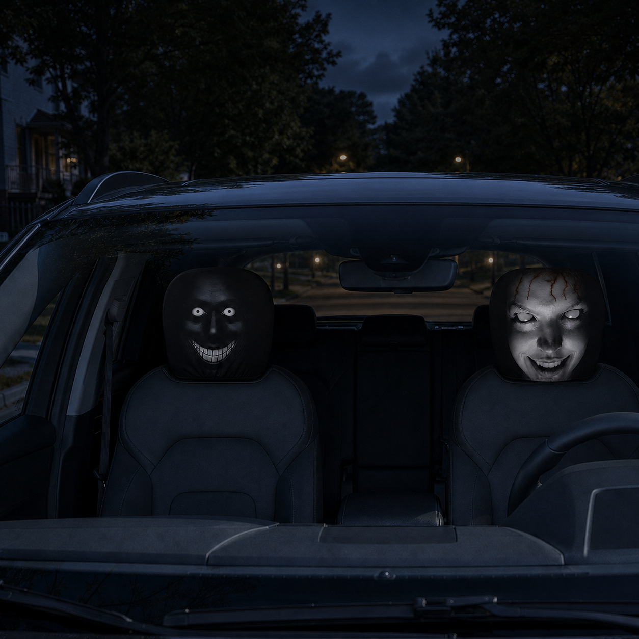 Two Creepy Face Car Headrest Covers installed on the front headrests of a parked car at blue hour