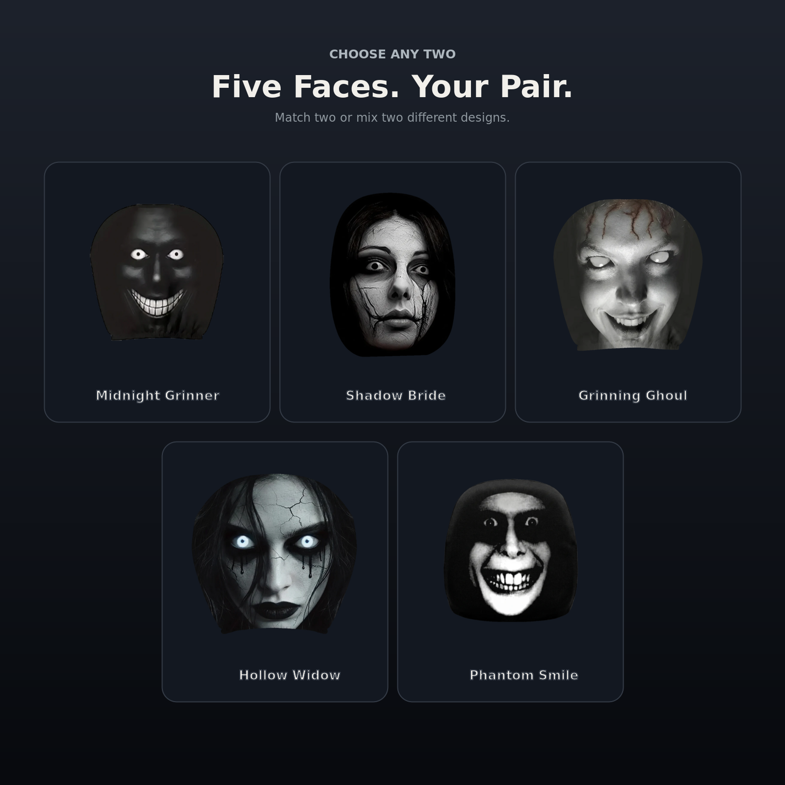 All five Creepy Face Car Headrest Cover designs with their exact names