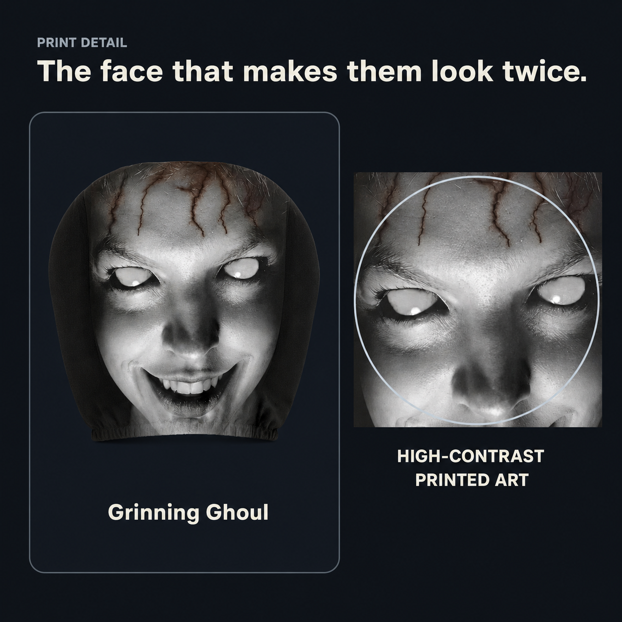 Grinning Ghoul headrest cover and a close view of its high-contrast printed artwork