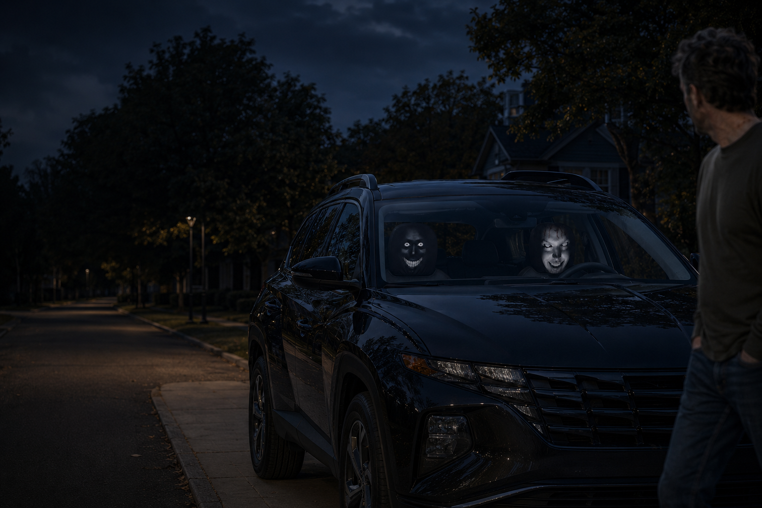 A passerby notices two Creepy Face Car Headrest Covers through the windshield of a parked car at blue hour