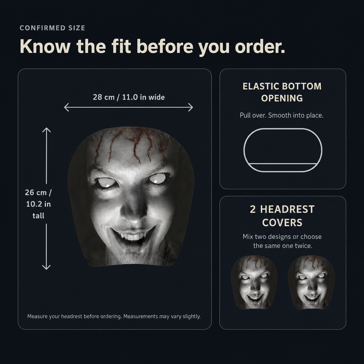 Headrest cover size 28 centimeters wide by 26 centimeters high, elastic bottom opening, and two covers included