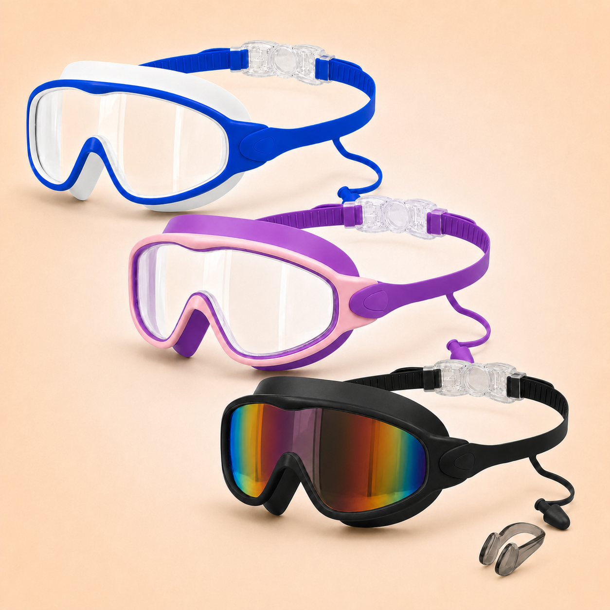 SplashEase swim goggles available in Blue, Pink/Purple, and Black