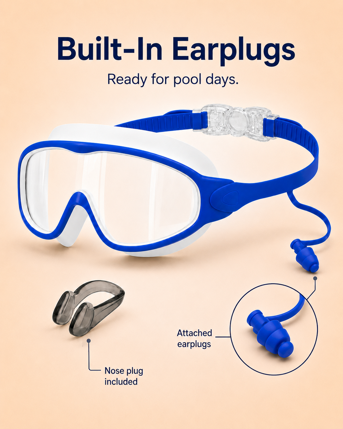 SplashEase built-in earplugs and included nose clip