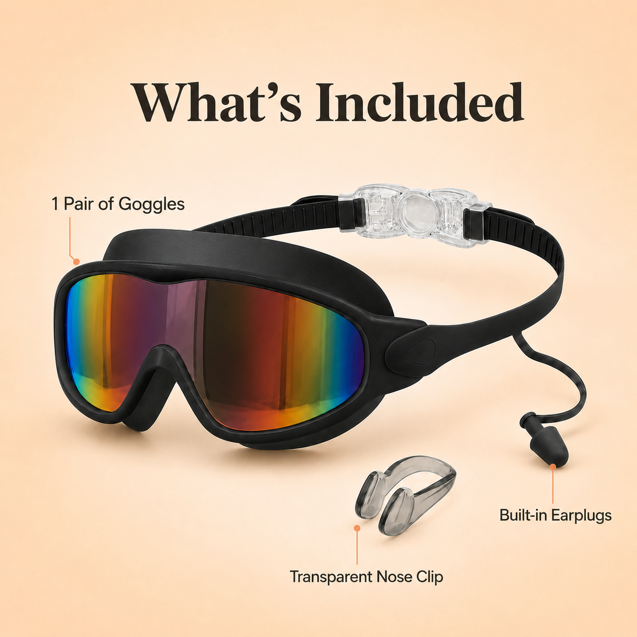 What comes with SplashEase swim goggles: built-in earplugs and transparent nose clip